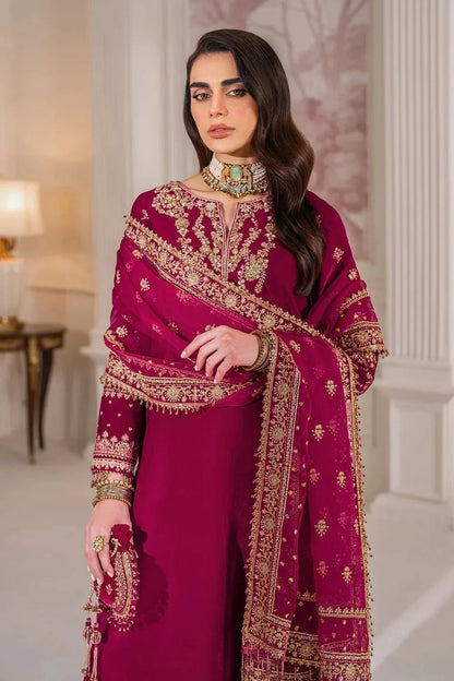 Hand Embellished Rani Pink Pure Velvet Suit with Potli