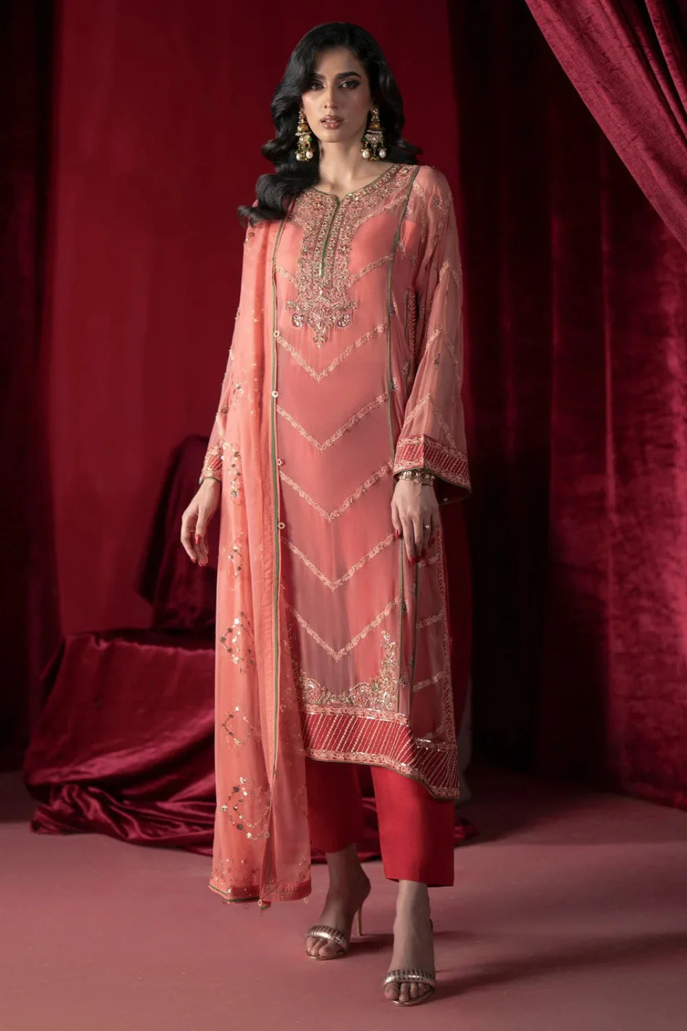 Coral Pink Chiffon Embroidered Suit