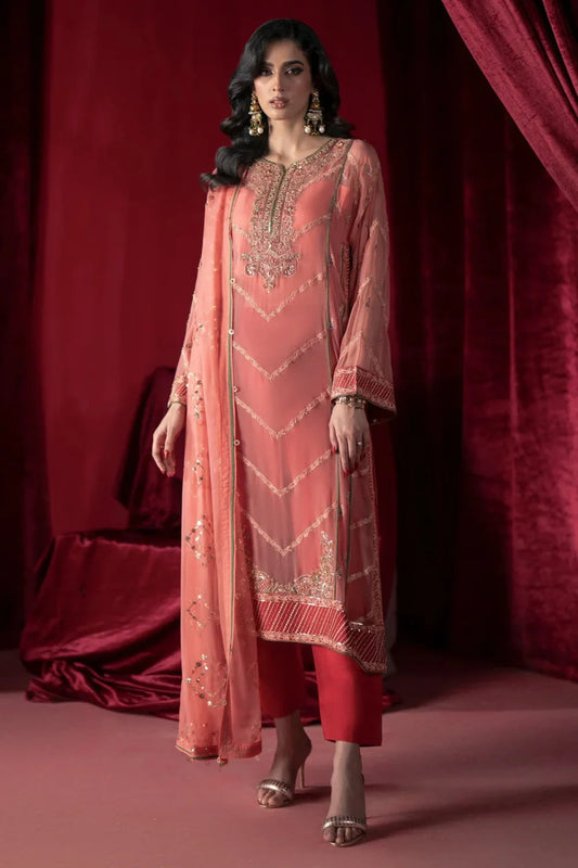 Coral Pink Chiffon Embroidered Suit