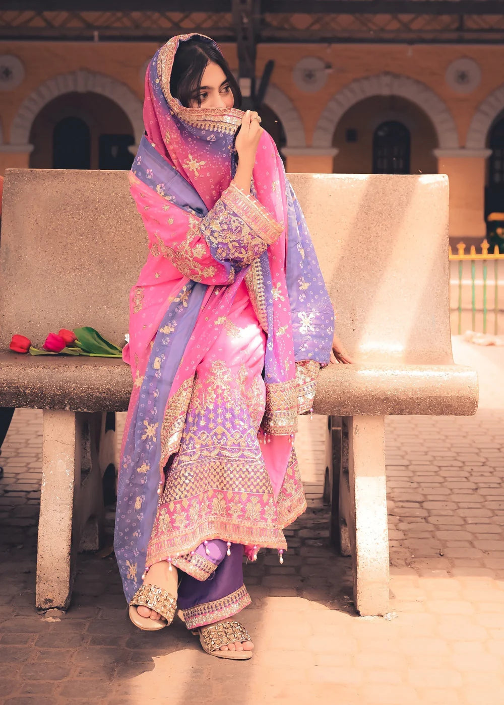 Pink & Purple Chiffon Embellished Suit