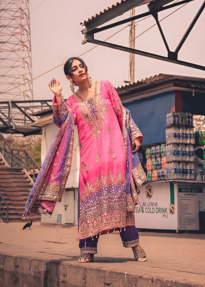 Pink & Purple Chiffon Embellished Suit
