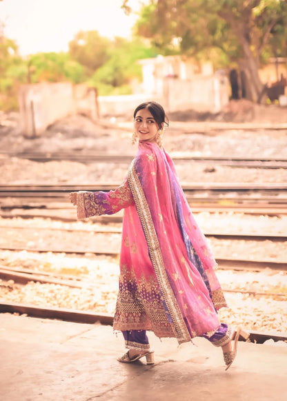 Pink & Purple Chiffon Embellished Suit