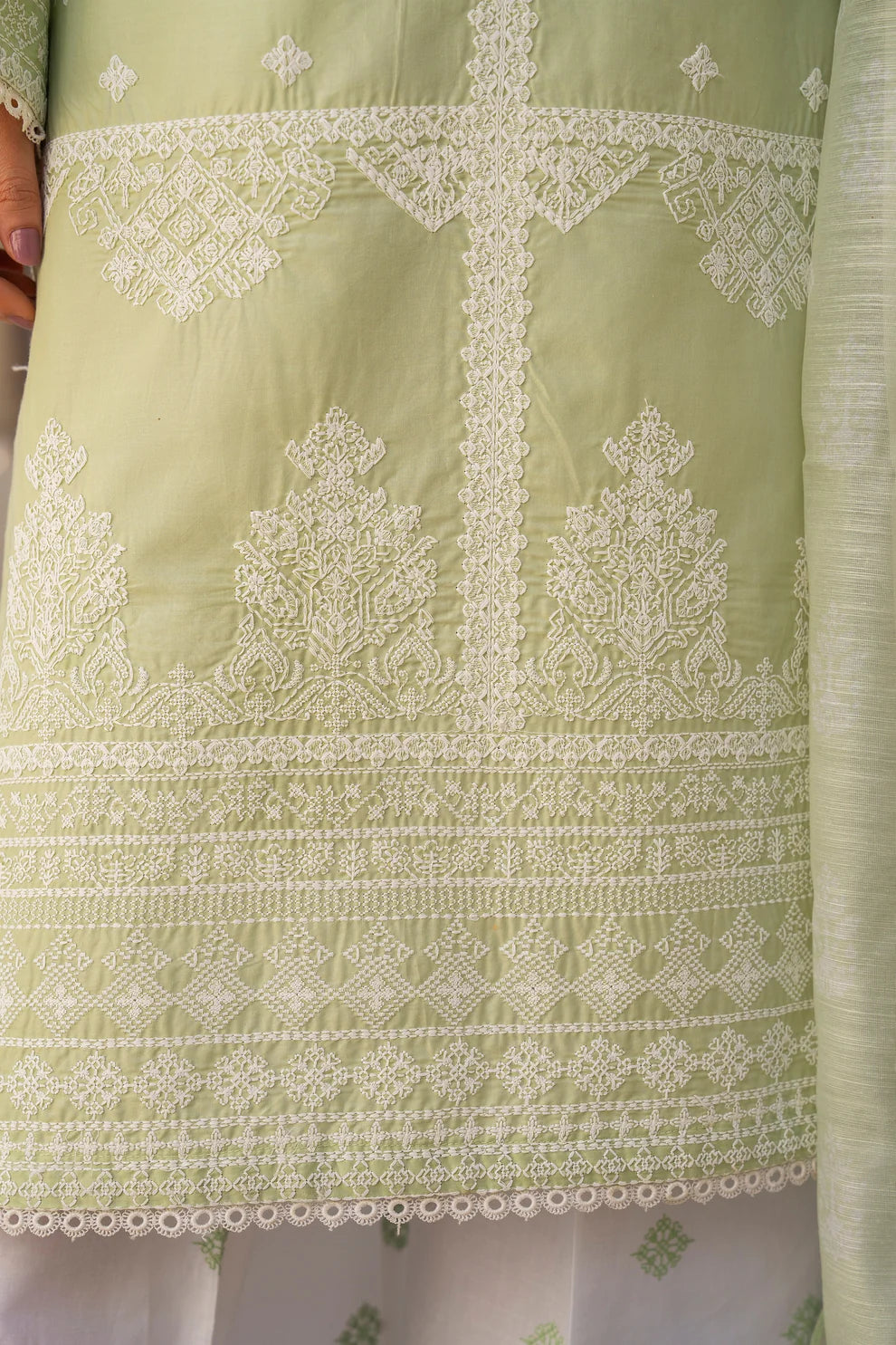 Pistachio Pure Cotton Suit with Matte Thread Work