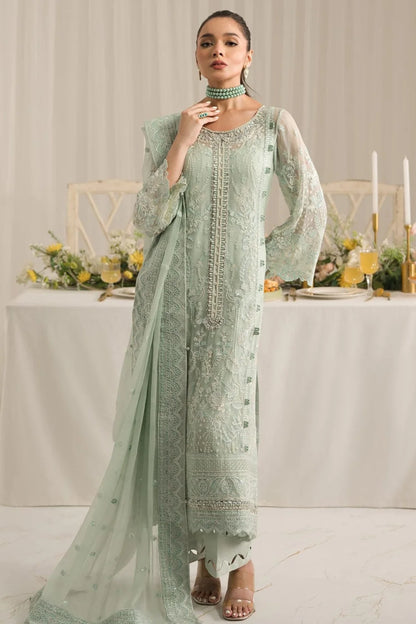 Pistachio Chiffon Embroidered Partywear Suit with Handmade Neckline