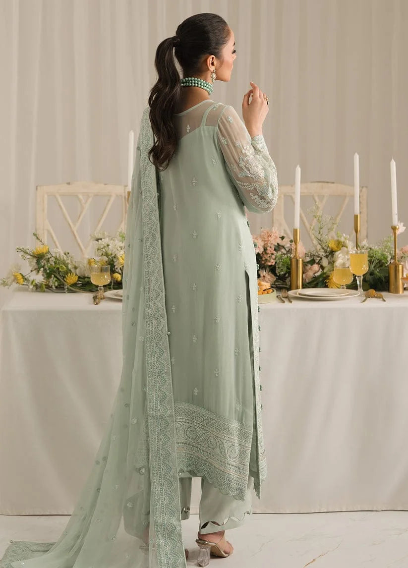 Pistachio Chiffon Embroidered Partywear Suit with Handmade Neckline