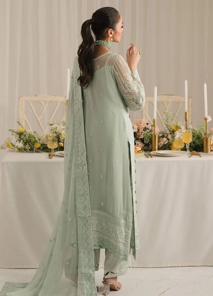 Pistachio Chiffon Embroidered Partywear Suit with Handmade Neckline