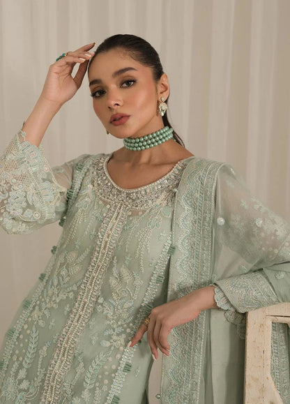 Pistachio Chiffon Embroidered Partywear Suit with Handmade Neckline