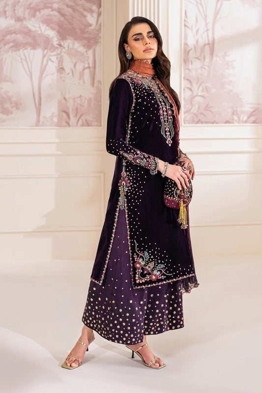 Plum Purple Pure Velvet Sequins Embroidered Suit with Contrasting Dupatta