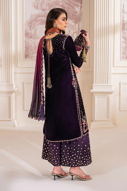 Plum Purple Pure Velvet Sequins Embroidered Suit with Contrasting Dupatta