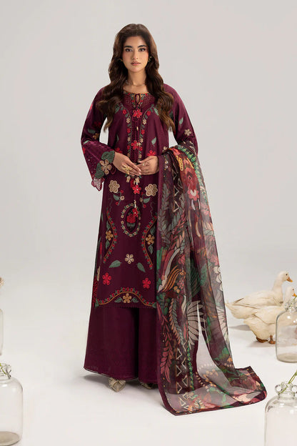 Wine Embroidered Premium Lawn Suit with Embroidered Trousers