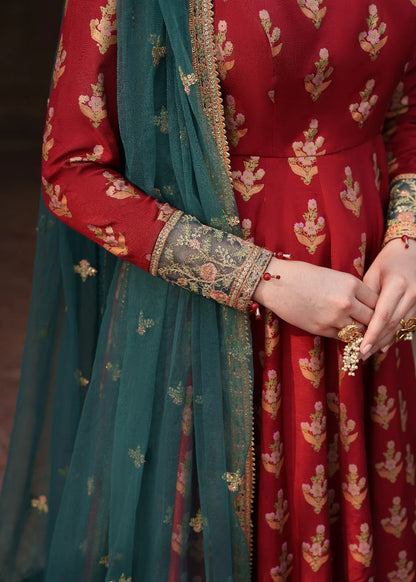 Printed Embroidered Maroon Pishwas On Raw Silk