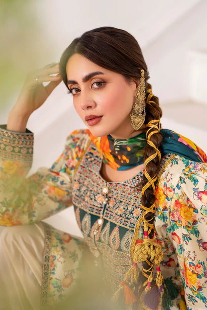 Printed Farshi Shalwar Suit with Applique Work and Puff Sleeves
