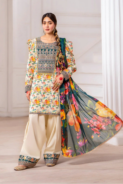 Printed Farshi Shalwar Suit with Applique Work and Puff Sleeves