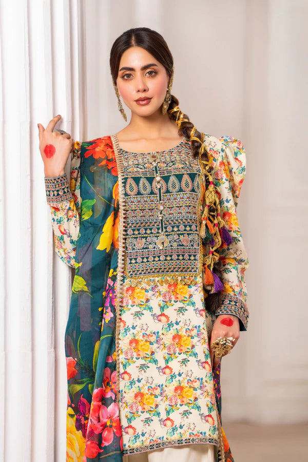 Printed Farshi Shalwar Suit with Applique Work and Puff Sleeves