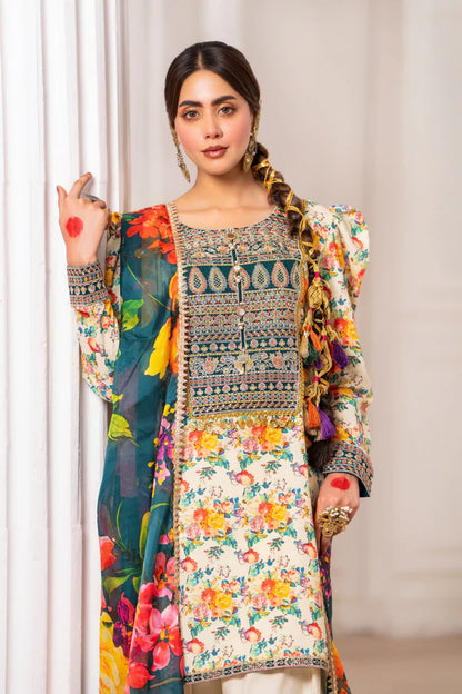 Printed Farshi Shalwar Suit with Applique Work and Puff Sleeves