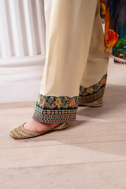 Printed Farshi Shalwar Suit with Applique Work and Puff Sleeves