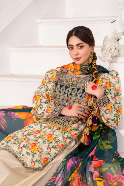 Printed Farshi Shalwar Suit with Applique Work and Puff Sleeves