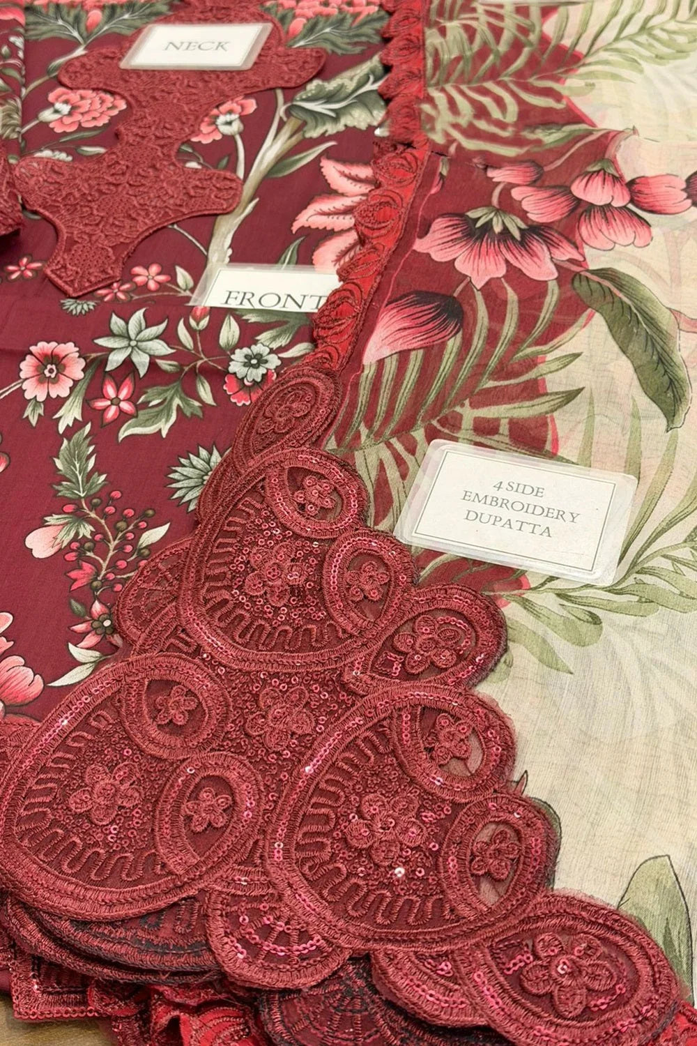 Dusty Red Floral Printed Pure Lawn Suit with Embroidered Laces