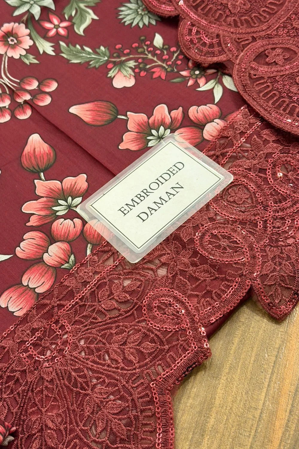 Dusty Red Floral Printed Pure Lawn Suit with Embroidered Laces