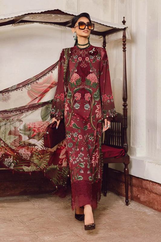 Dusty Red Floral Printed Pure Lawn Suit with Embroidered Laces