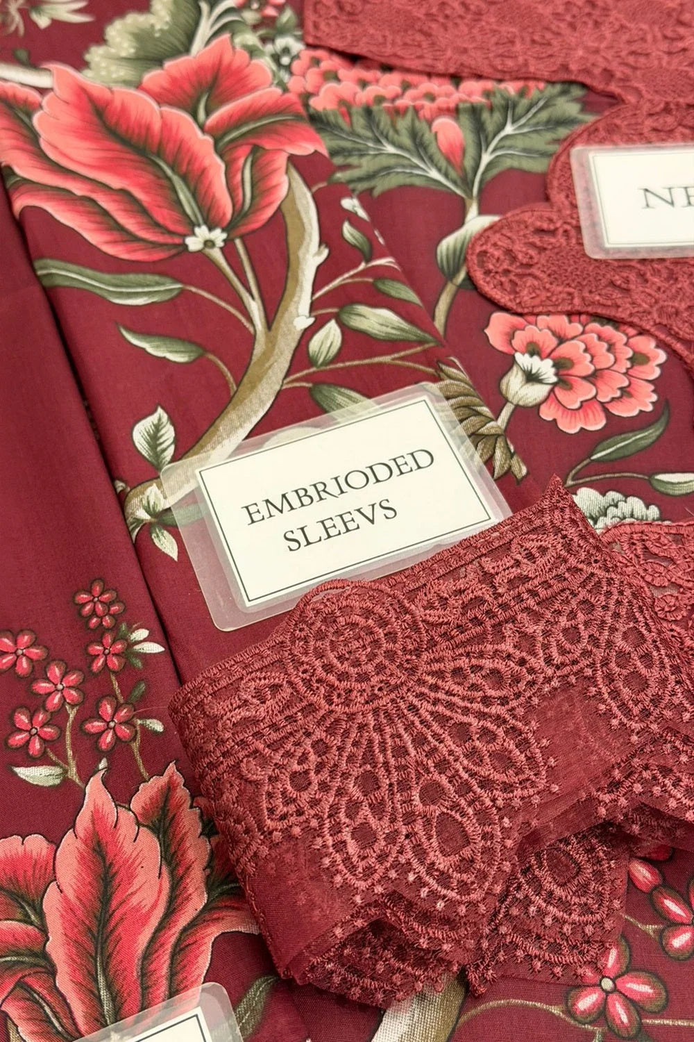 Dusty Red Floral Printed Pure Lawn Suit with Embroidered Laces