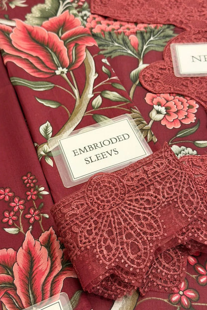 Dusty Red Floral Printed Pure Lawn Suit with Embroidered Laces