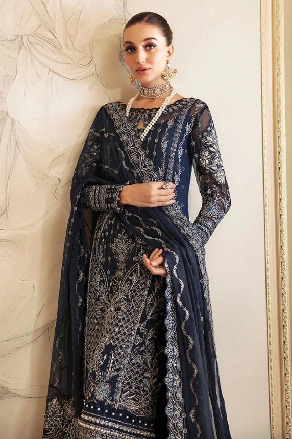 Navy Blue Pure Chiffon Partywear Suit