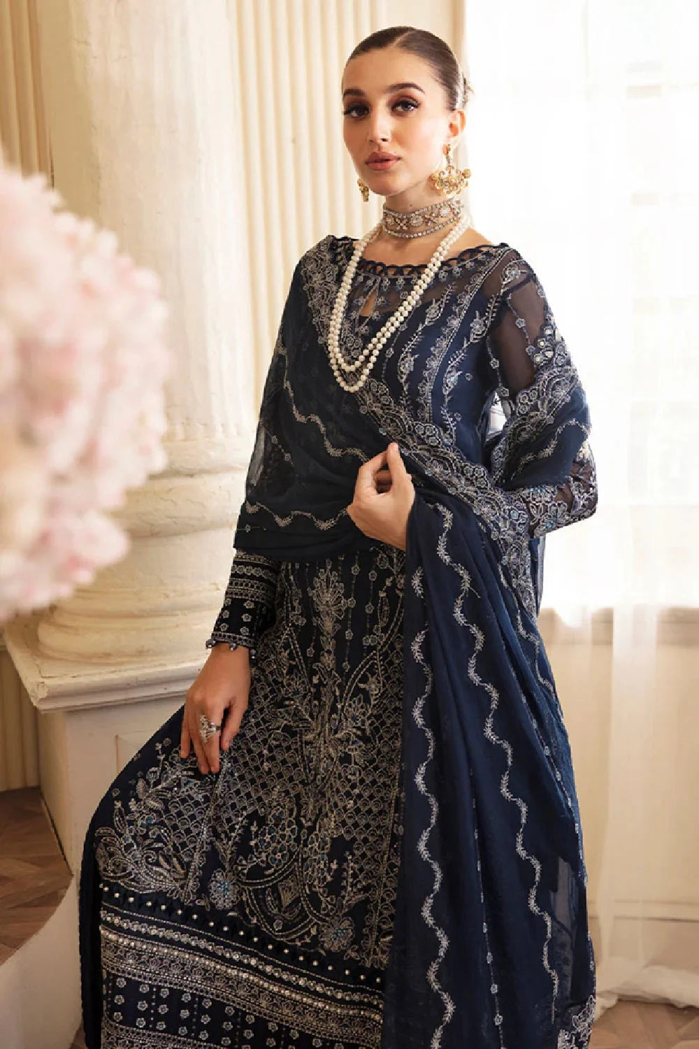 Navy Blue Pure Chiffon Partywear Suit