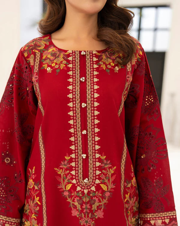 Wine Red Pure Cotton Chikankari Embroidered Suit with Cutwork Details