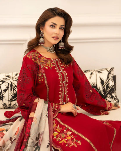 Wine Red Pure Cotton Chikankari Embroidered Suit with Cutwork Details