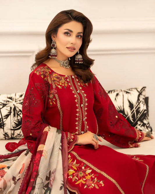 Wine Red Pure Cotton Chikankari Embroidered Suit with Cutwork Details