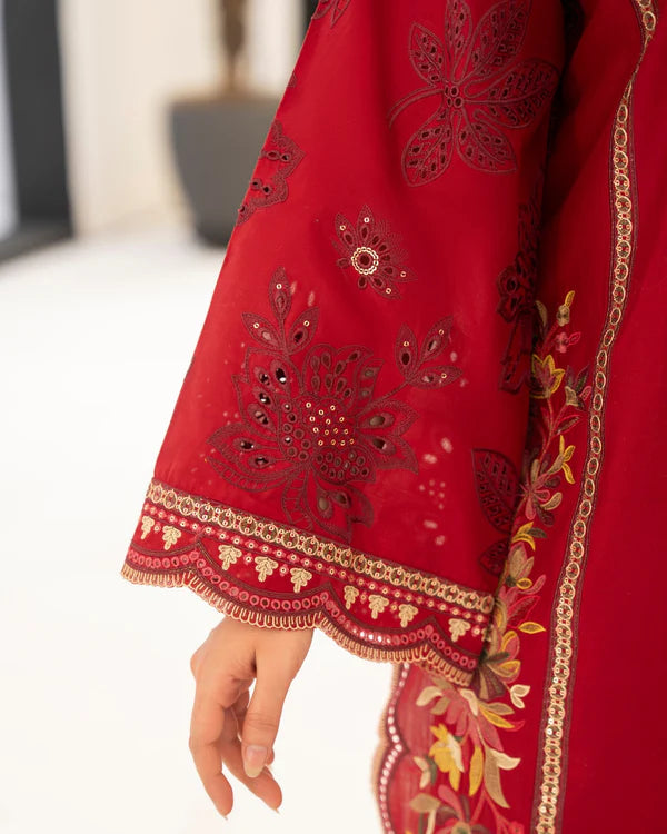 Wine Red Pure Cotton Chikankari Embroidered Suit with Cutwork Details