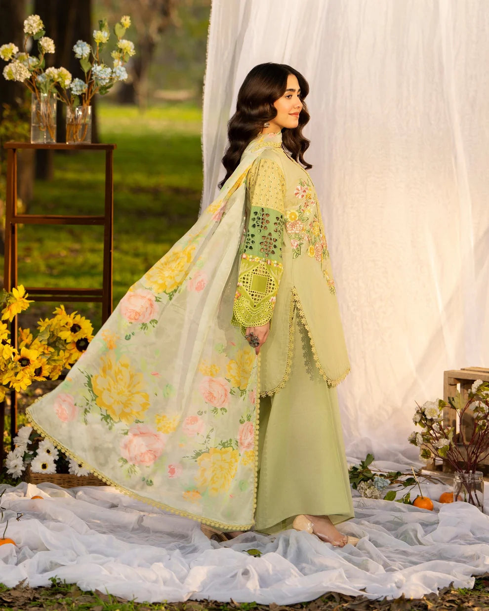 Pistachio Pure Cotton Embroidered Suit with Cutwork Details