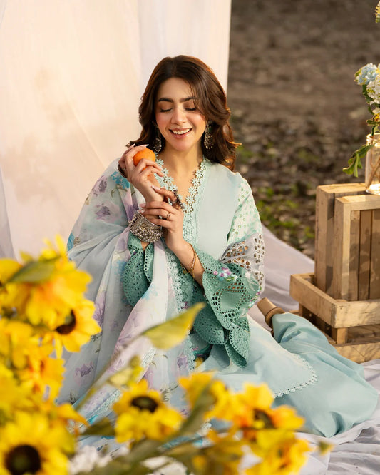 Seafoam Pure Cotton Embroidered Suit with Cutwork Details