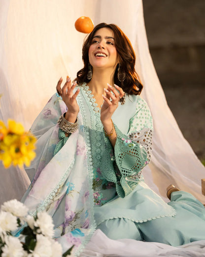 Seafoam Pure Cotton Embroidered Suit with Cutwork Details