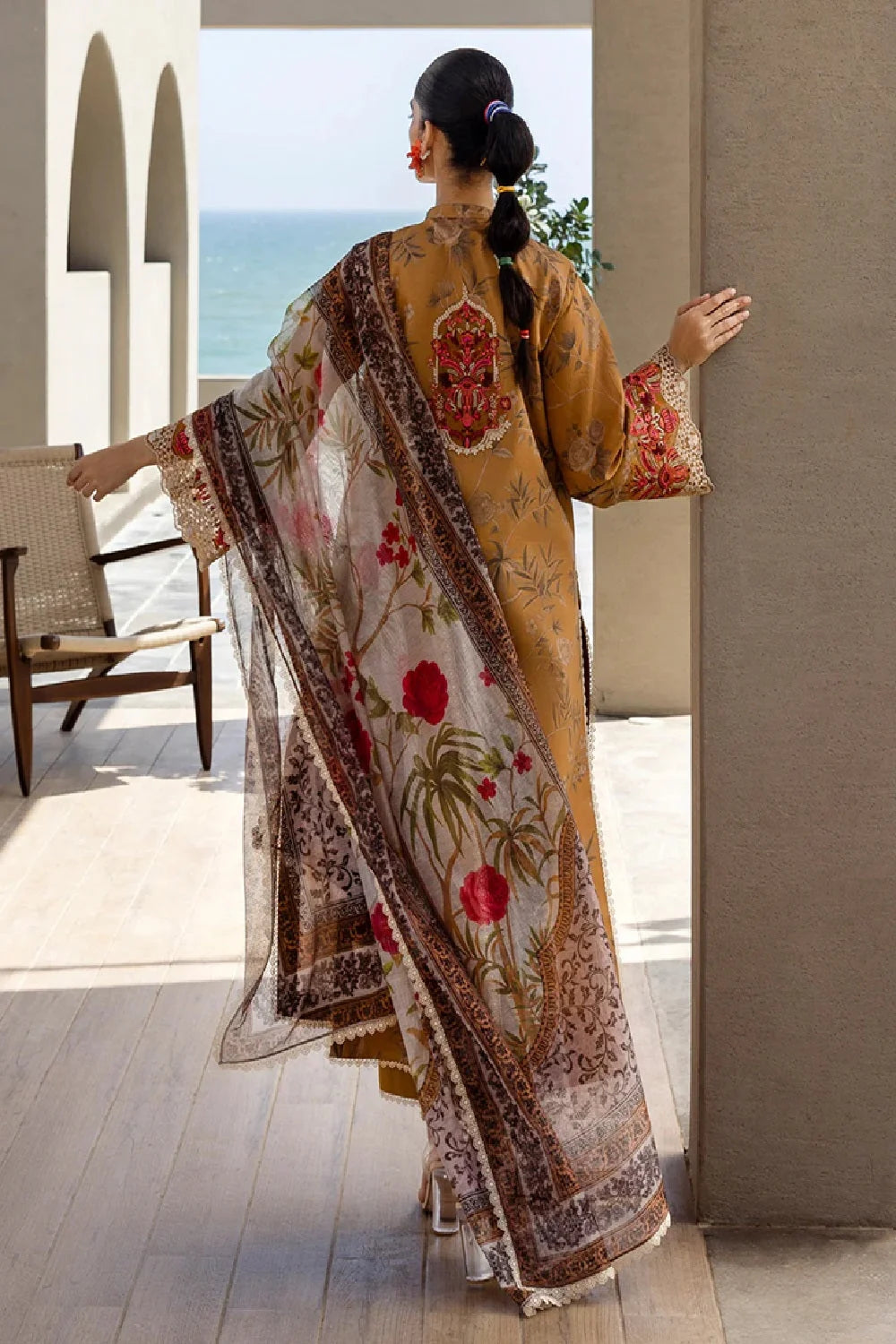 Mustard Brown Pure Lawn Suit with Chiffon Dupatta