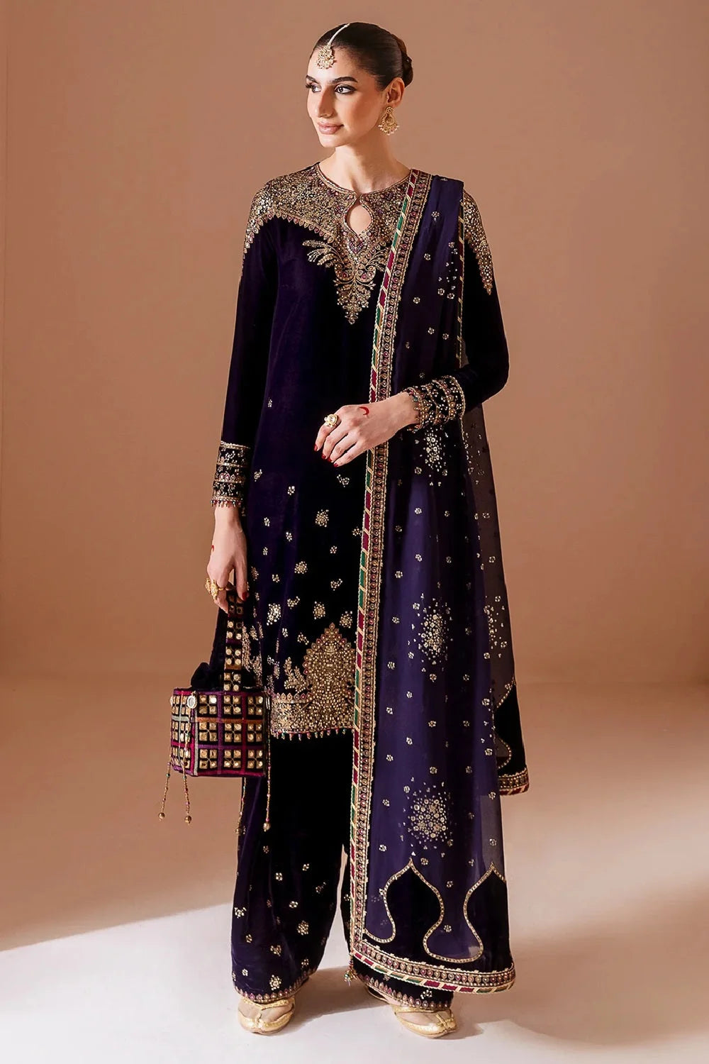 Plum Purple Sequins Embroidered Pure Velvet Suit