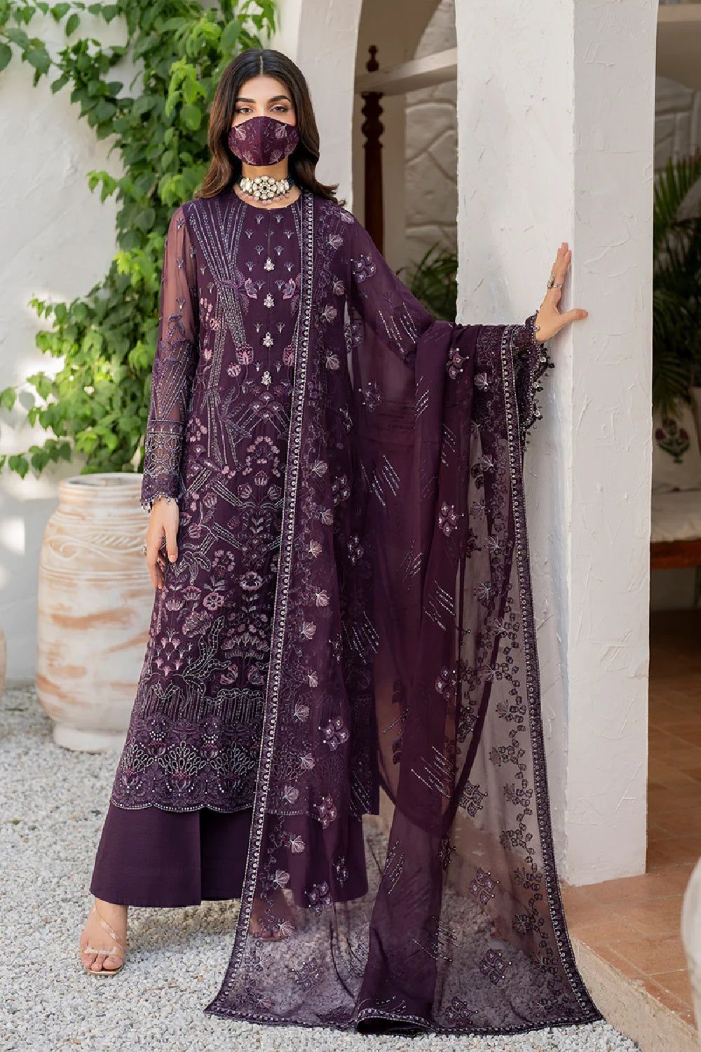 Purplish Mahroon Hand Embellished Chiffon Partywear Suit Online in Dubai UAE Abudhabi Ajman Sharjah