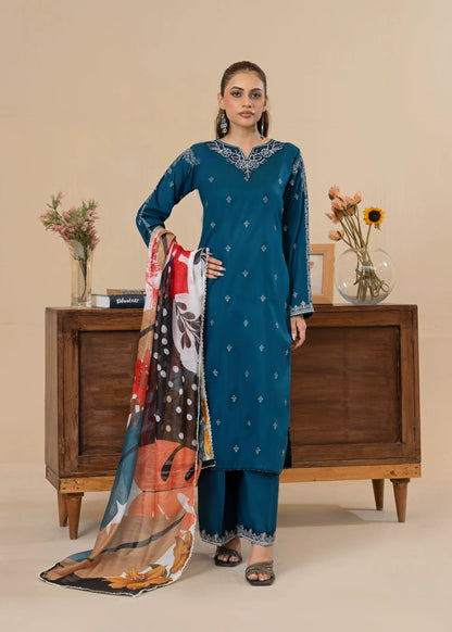 Teal Embroidered Cotton Kurta Set with Dupatta