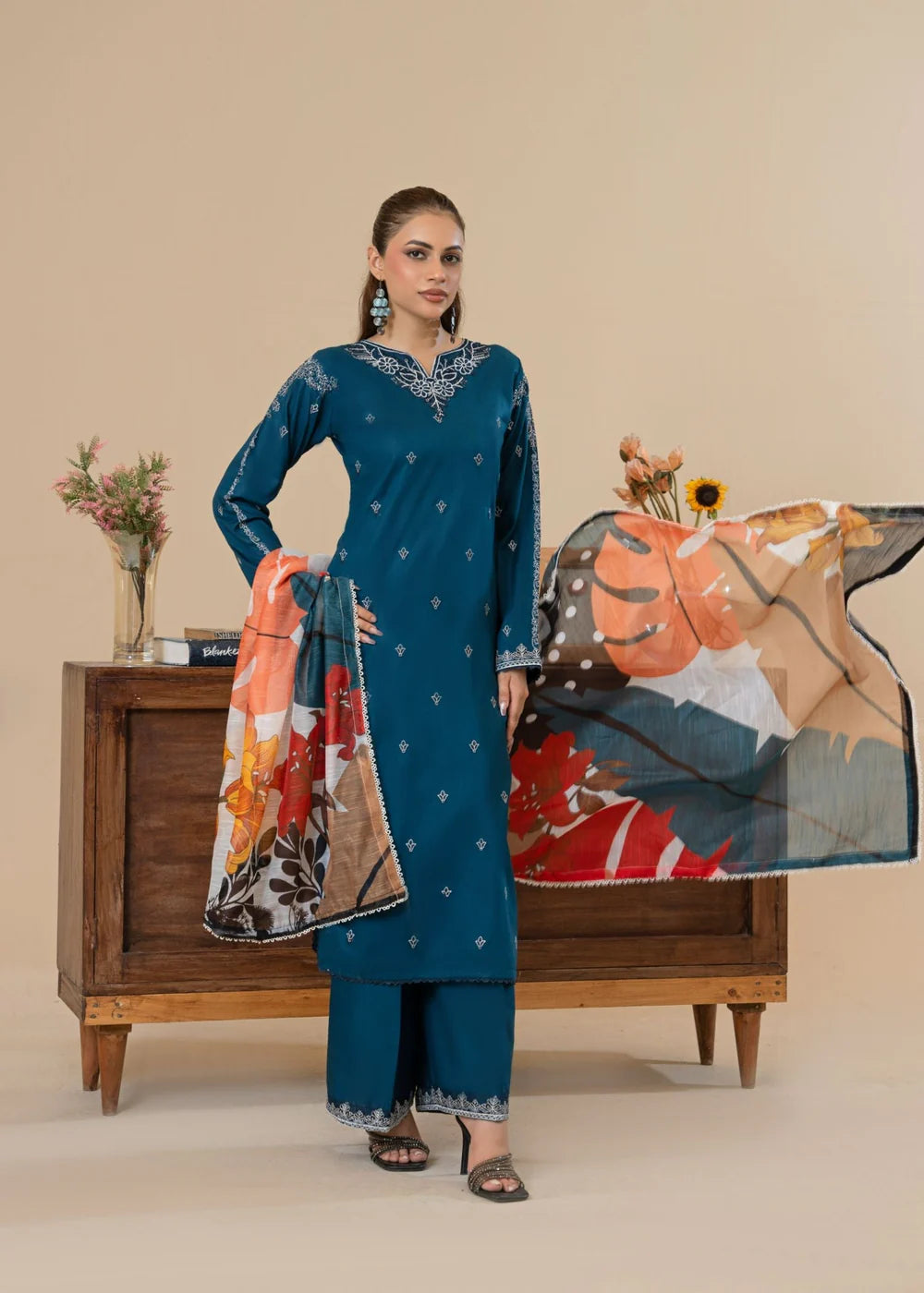 Teal Embroidered Cotton Kurta Set with Dupatta