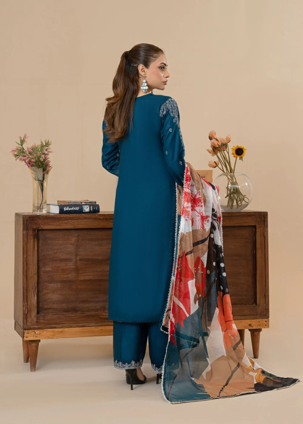 Teal Embroidered Cotton Kurta Set with Dupatta