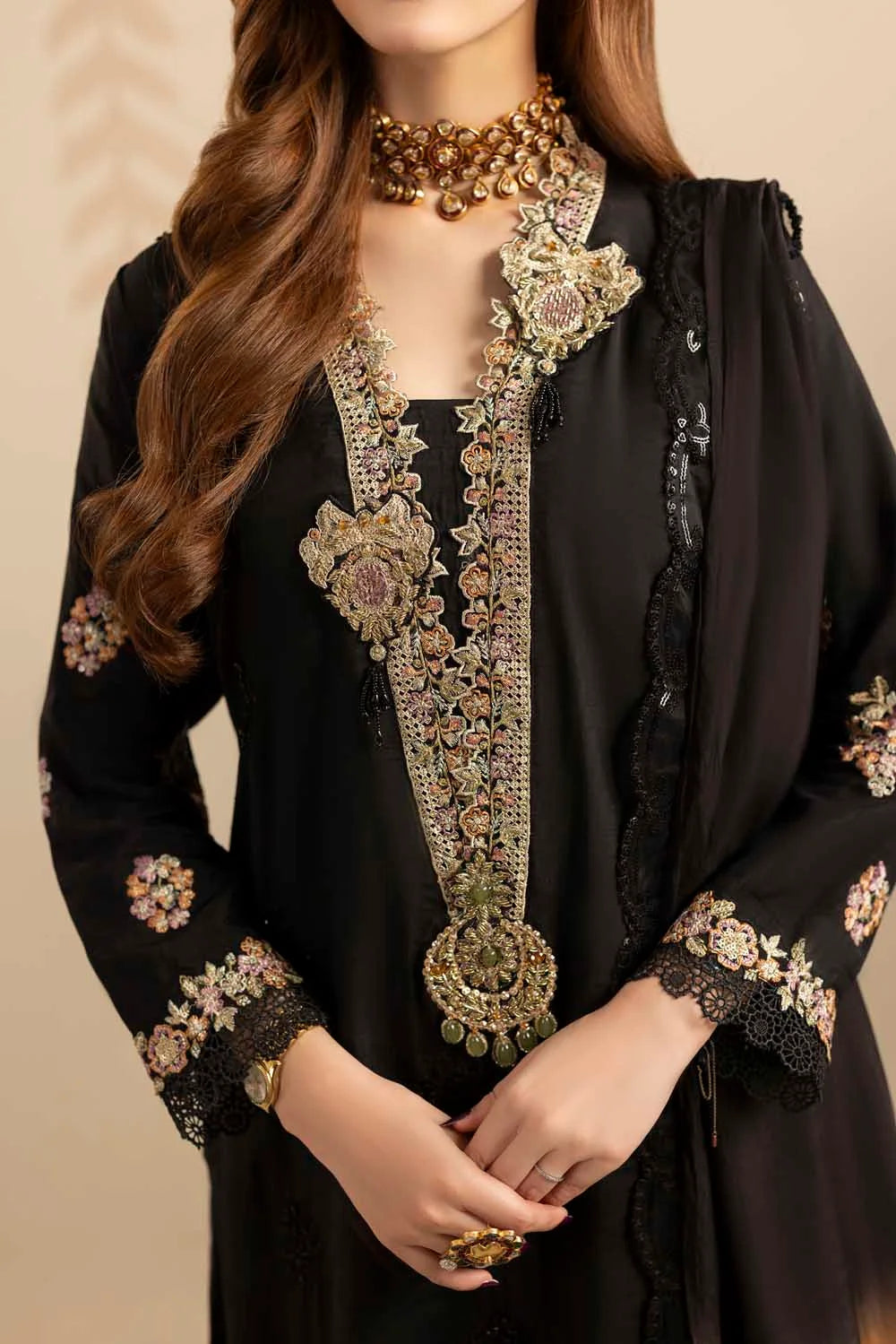 Black Hand Embellished Raw Silk Suit