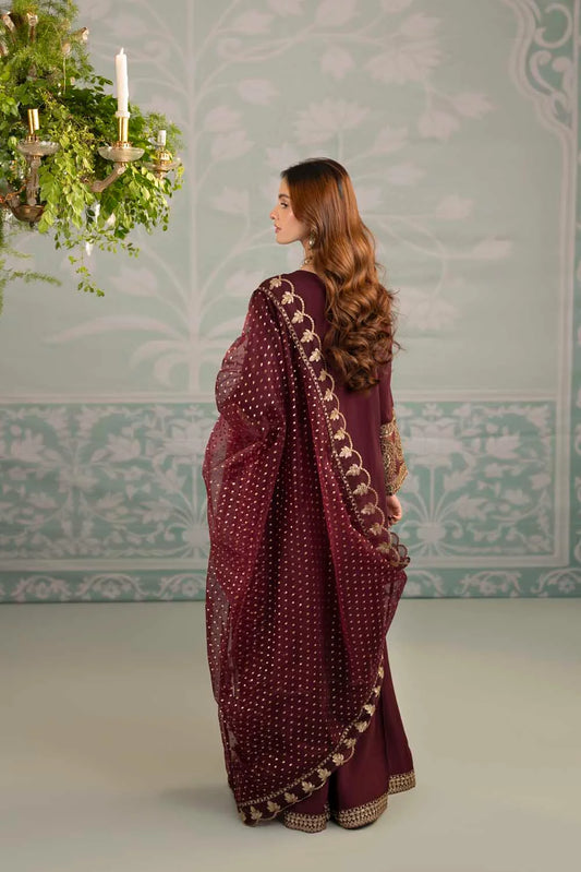 Maroon Raw Silk Suit with Hand Embellished Neckline Size L