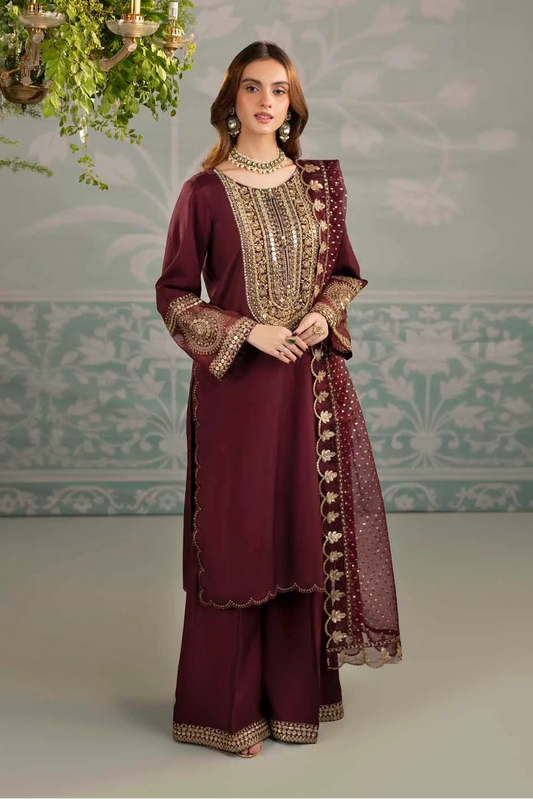 Maroon Raw Silk Suit with Hand Embellished Neckline