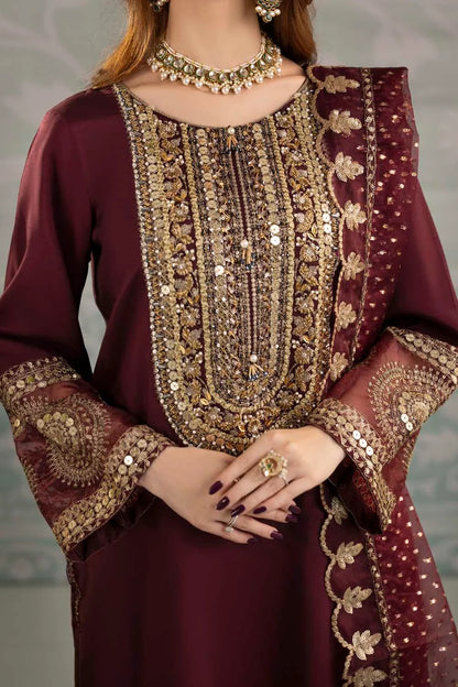 Maroon Raw Silk Suit with Hand Embellished Neckline
