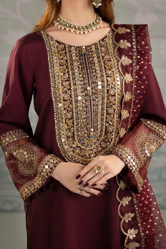 Maroon Raw Silk Suit with Hand Embellished Neckline Size L