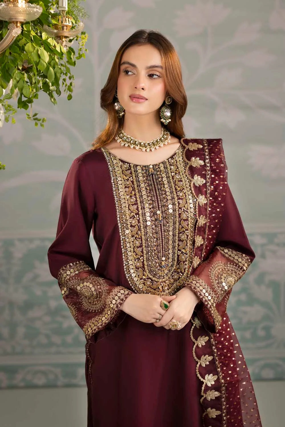 Maroon Raw Silk Suit with Hand Embellished Neckline