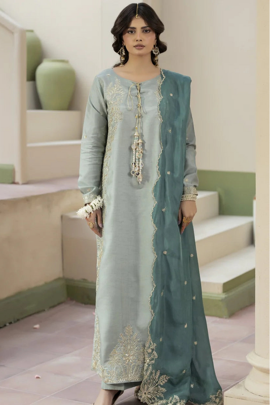 Raw Silk Embroidered Aqua Partywear Suit