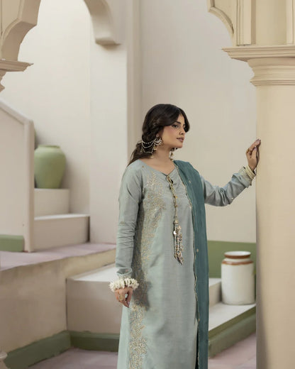 Raw Silk Embroidered Aqua Partywear Suit
