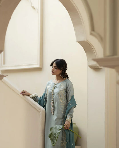Raw Silk Embroidered Aqua Partywear Suit